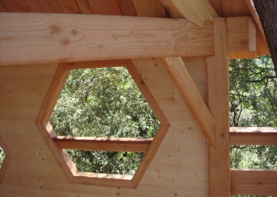 Zoom sur la charpente d'une cabane perchée dans les arbres